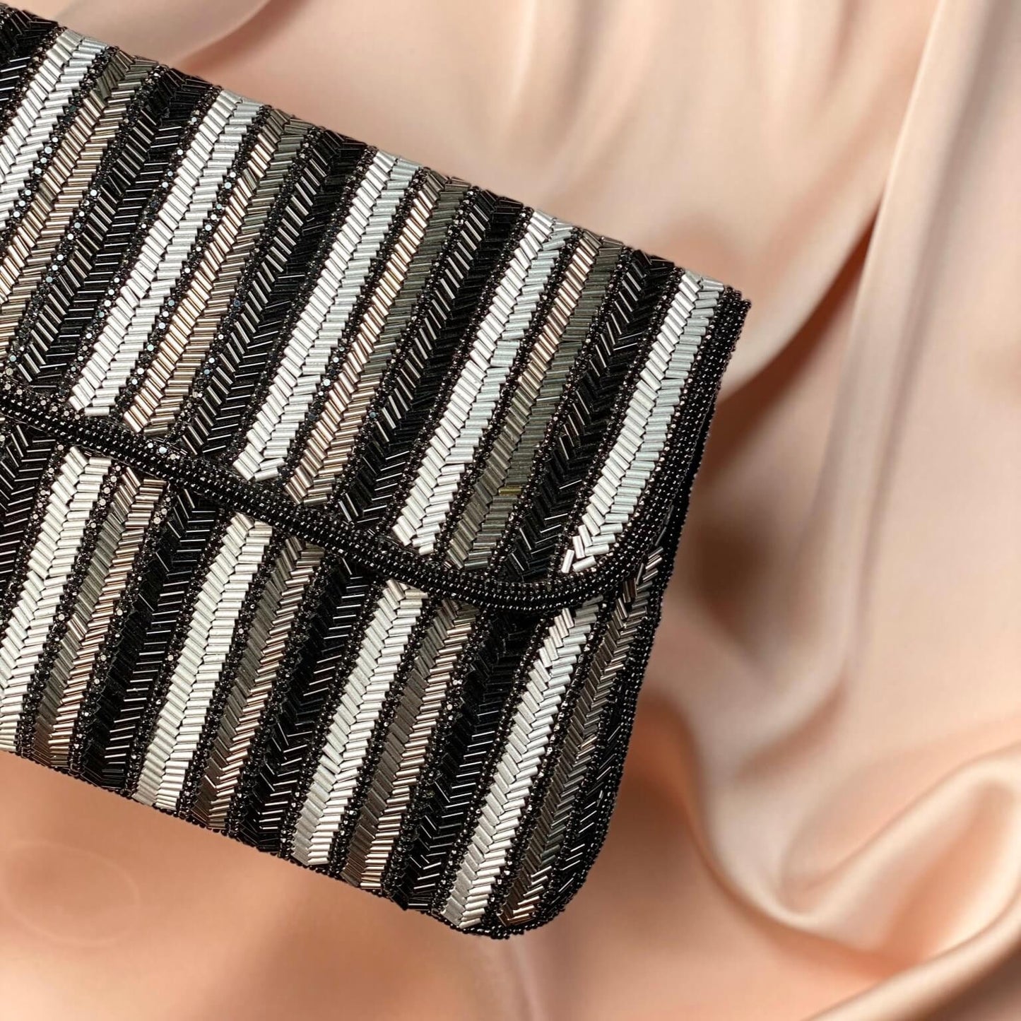 Isabella Handmade Black, Grey and Silver Clutch bag | Purse | Embellished Rectangle Bridal Handbag Made With Glass Beads By Sandal House