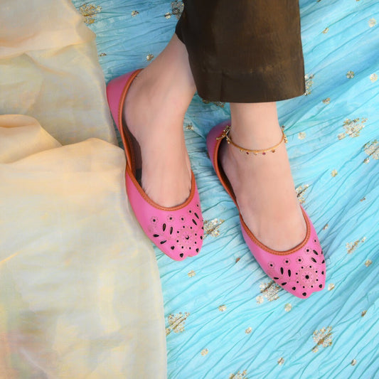 Laser Cut Soft Cushioned Leather Look Khusa Shoes | Punjabi Jutti | Ethnic Handmade Womens Sandals | Black White Pink Grey Yellow Mustard