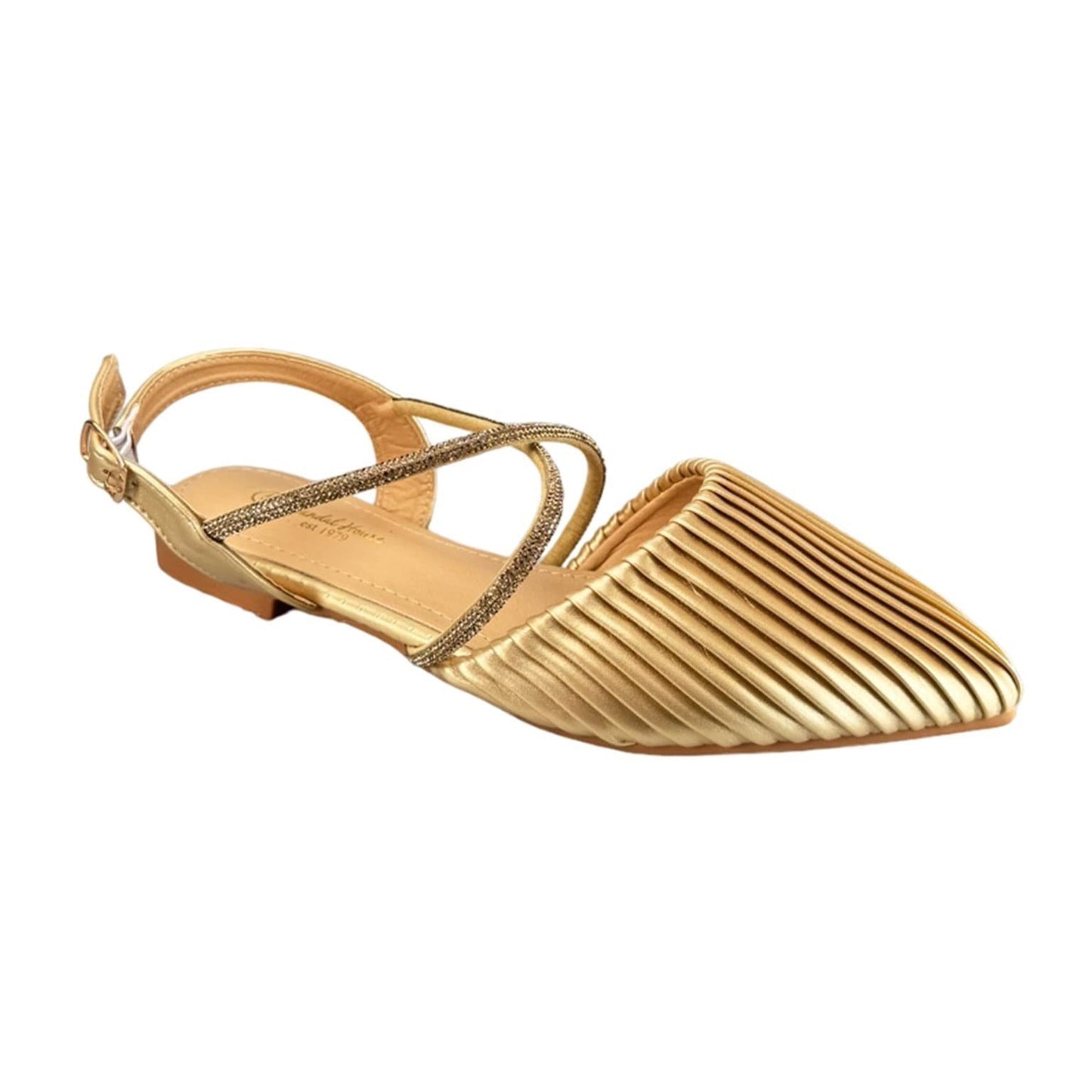 Ladies Flat Heel Pointy Shoes 3 strap Diamonte and Pearl Ankle Strap Sandals Elegant & Stylish Womens Comfort Footwear | Gold Silver Black