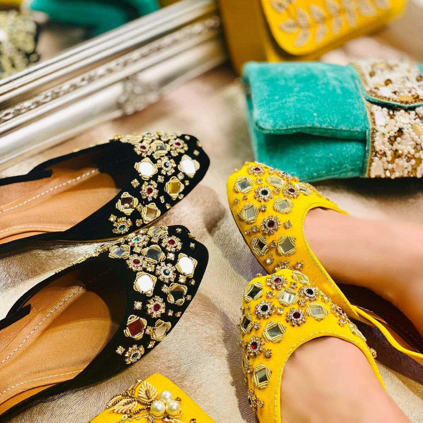 Ladies handmade Pakistani Indian Khusa Sandal | Diamonte and Mirror Punjabi Jutti | Womens wedding shoes | Gift For Her | Mehndi footwear