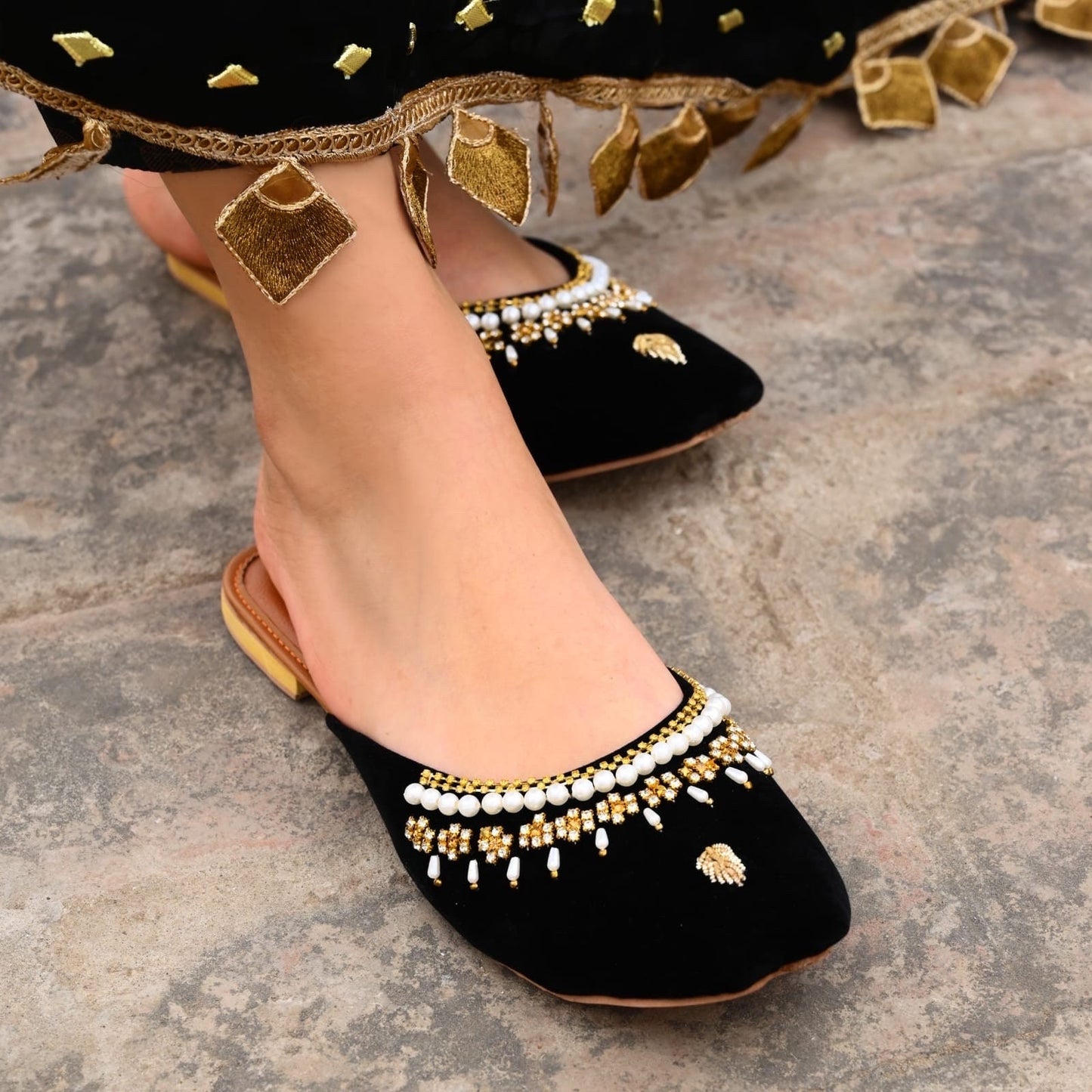 Handmade Ladies Pakistani Indian Open Back Khusa Sandal | Diamonte and Pearl Punjabi Jutti | Wedding shoes | Gift For Her Gold Silver Black