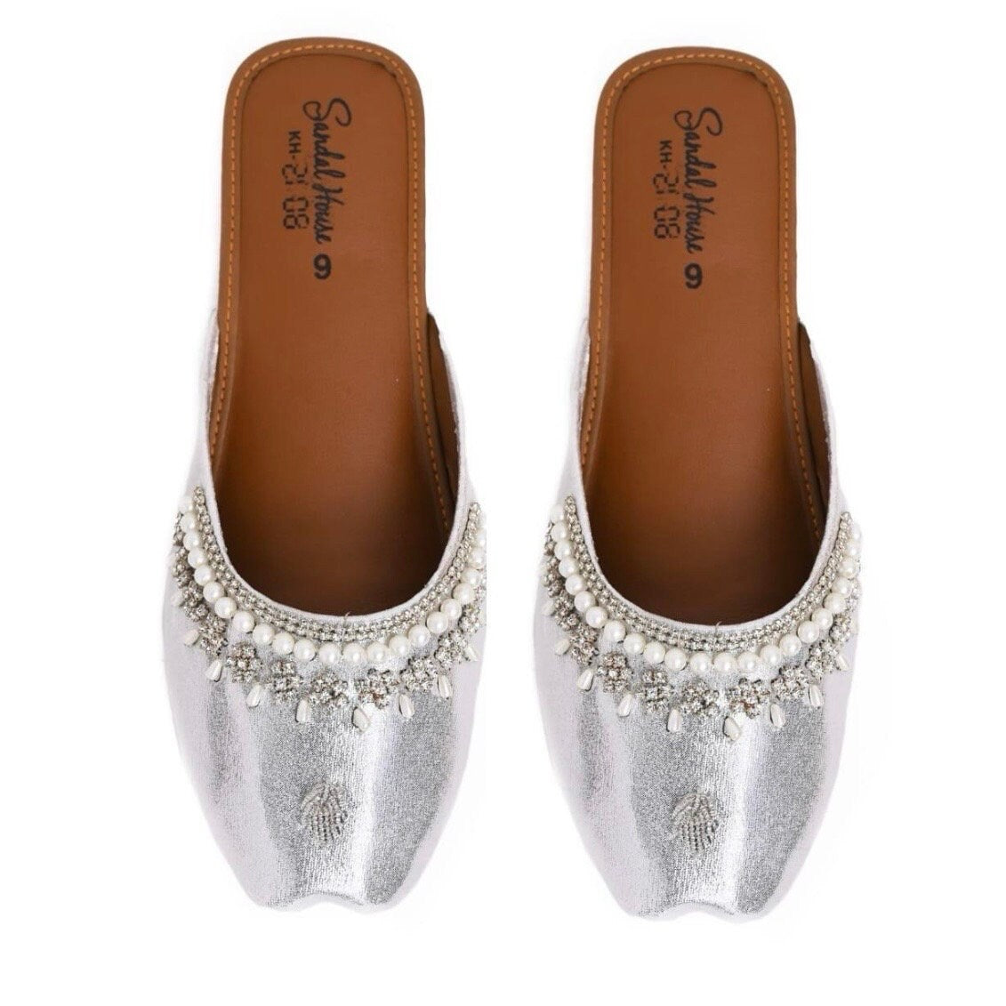 Handmade Ladies Pakistani Indian Open Back Khusa Sandal | Diamonte and Pearl Punjabi Jutti | Wedding shoes | Gift For Her Gold Silver Black