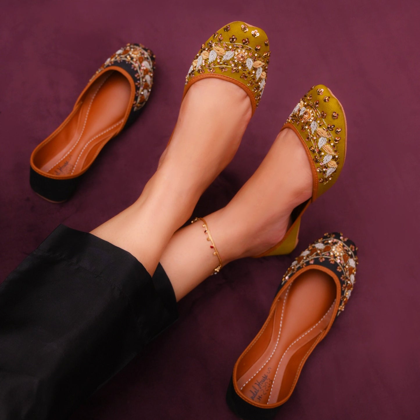 Handcrafted Womens Indian Flat Sequin Khussa Shoes | Cushioned Punjabi Mehndi Wedding Jutti | Black | Olive | Maroon | Raya Punjabi Sandals