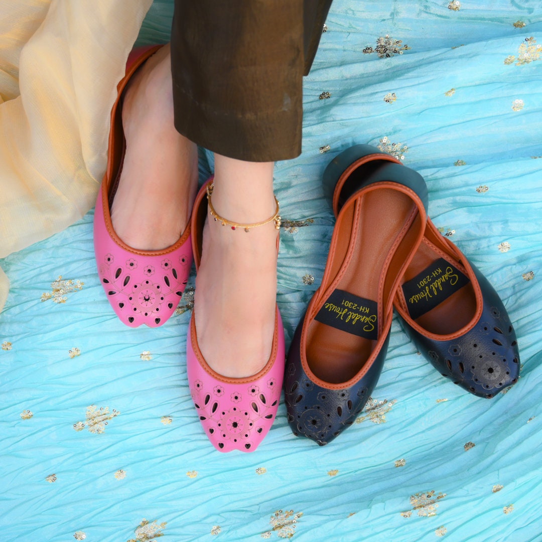 Laser Cut Soft Cushioned Leather Look Khusa Shoes | Punjabi Jutti | Ethnic Handmade Womens Sandals | Black White Pink Grey Yellow Mustard