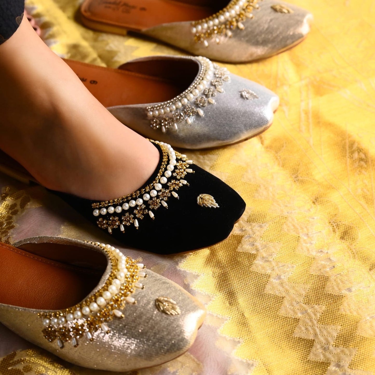 Handmade Ladies Pakistani Indian Open Back Khusa Sandal | Diamonte and Pearl Punjabi Jutti | Wedding shoes | Gift For Her Gold Silver Black