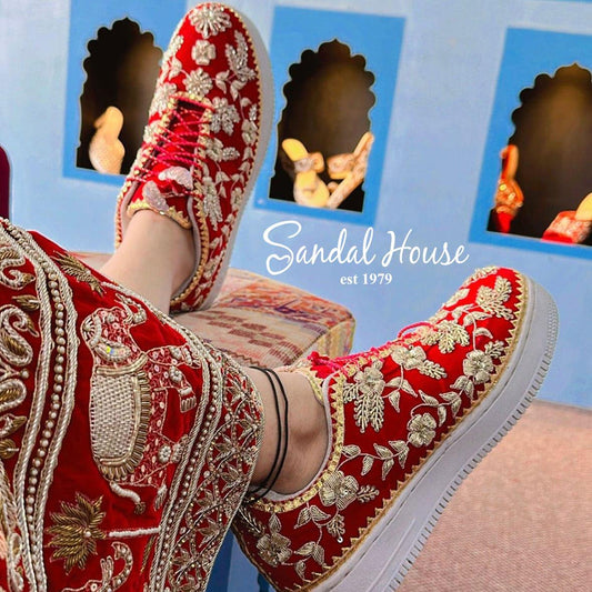 Handmade Bridal Trainers | Red Velvet Sneakers With Gold Embroidery | Wedding Footwear For Women | Party Shoes Gift For Her by Sandal House