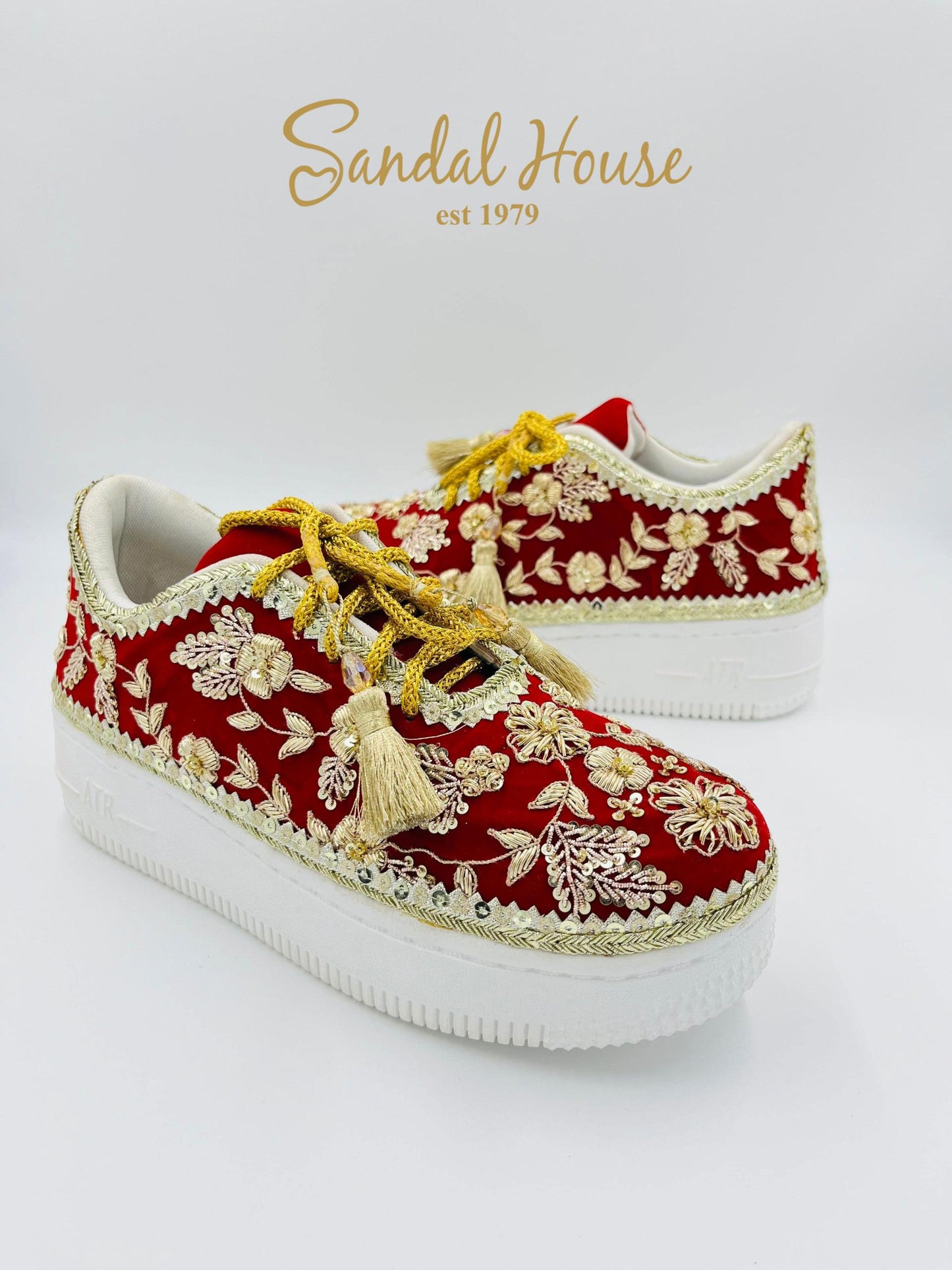 Handmade Bridal Trainers | Red Velvet Sneakers With Gold Embroidery | Wedding Footwear For Women | Party Shoes Gift For Her by Sandal House