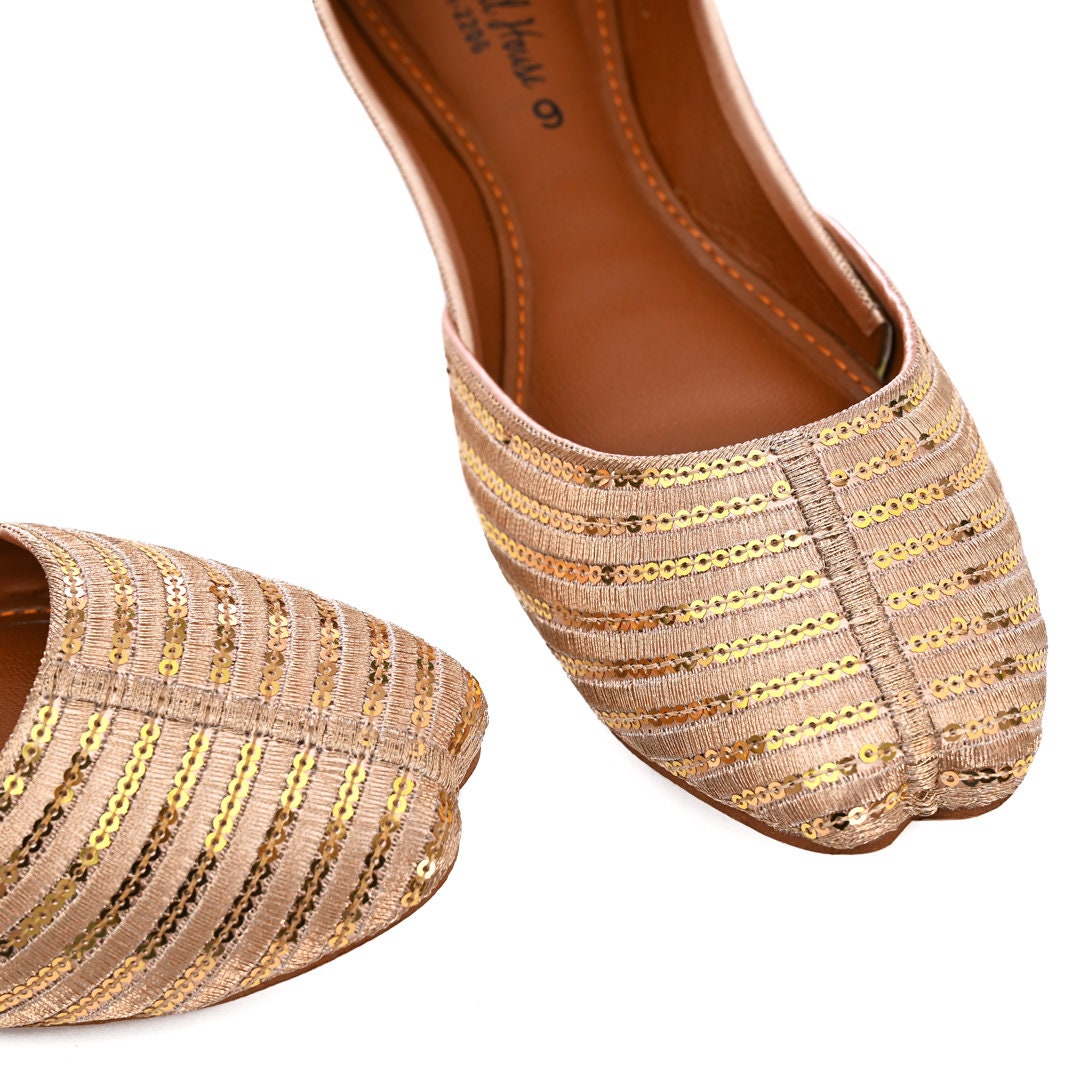 Handmade Sequin Khusa Sandal | Womens Punjabi Juti | Flat Indian Pakistani Wedding Party Shoes | Gift For Her | Black | Gold | Silver | Rose