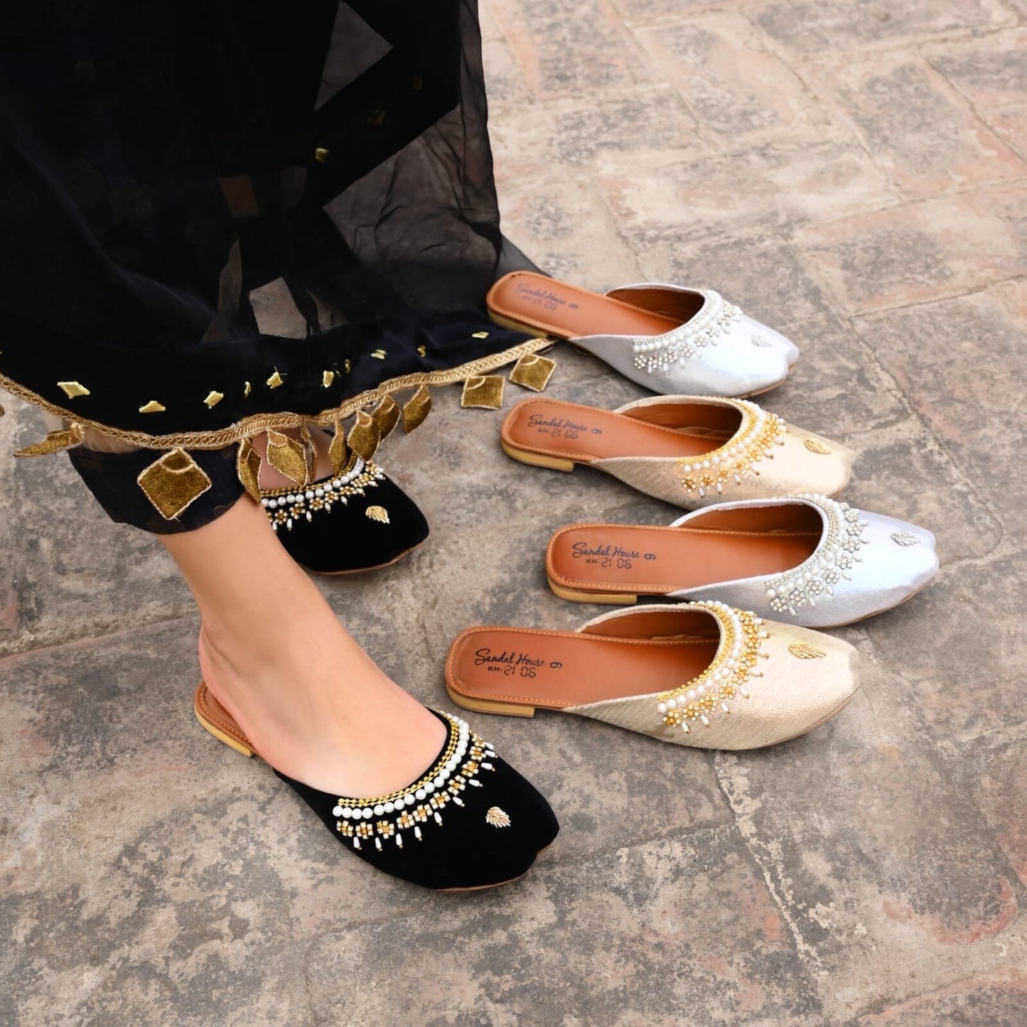 Handmade Ladies Pakistani Indian Open Back Khusa Sandal | Diamonte and Pearl Punjabi Jutti | Wedding shoes | Gift For Her Gold Silver Black