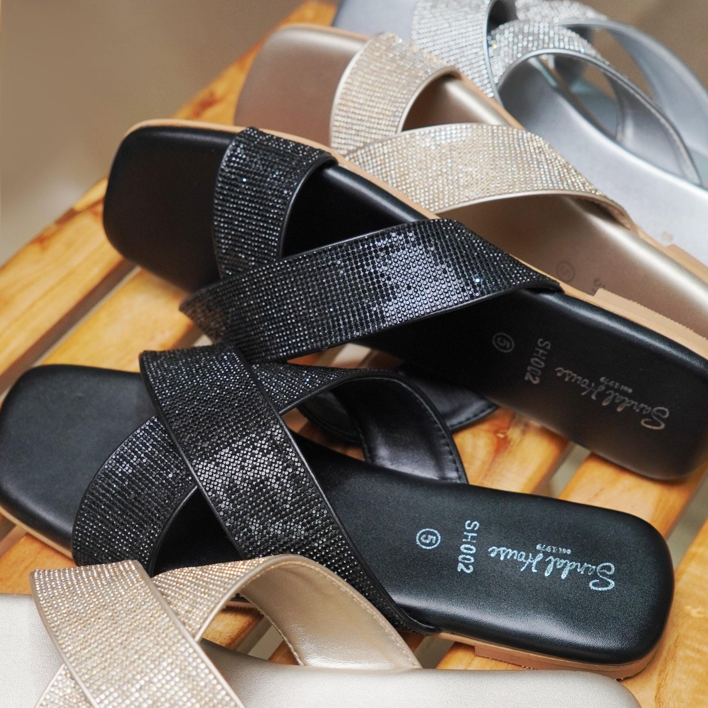 Ladies Flat Heel Cross Over Sandal With Diamontes | Elegant & Stylish Womens Comfort Footwear Sandals | Gold Silver Black