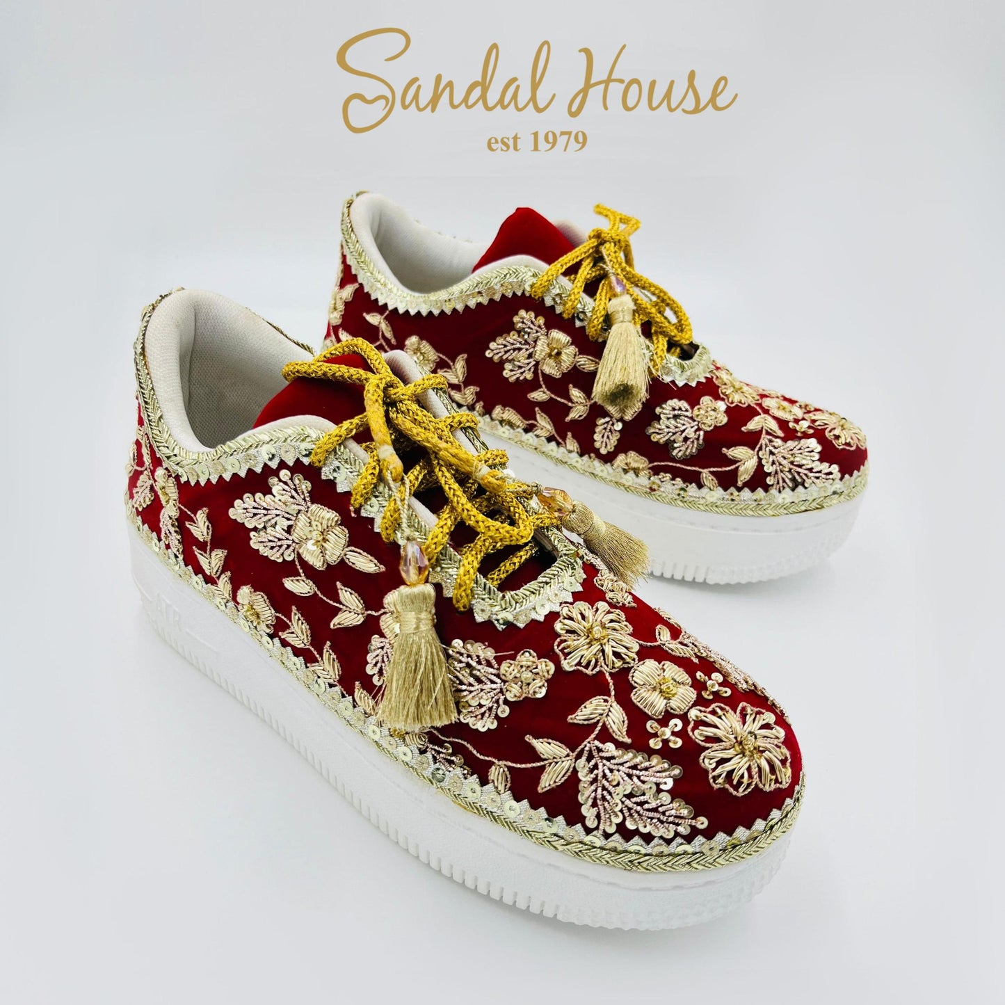 Handmade Bridal Trainers | Red Velvet Sneakers With Gold Embroidery | Wedding Footwear For Women | Party Shoes Gift For Her by Sandal House