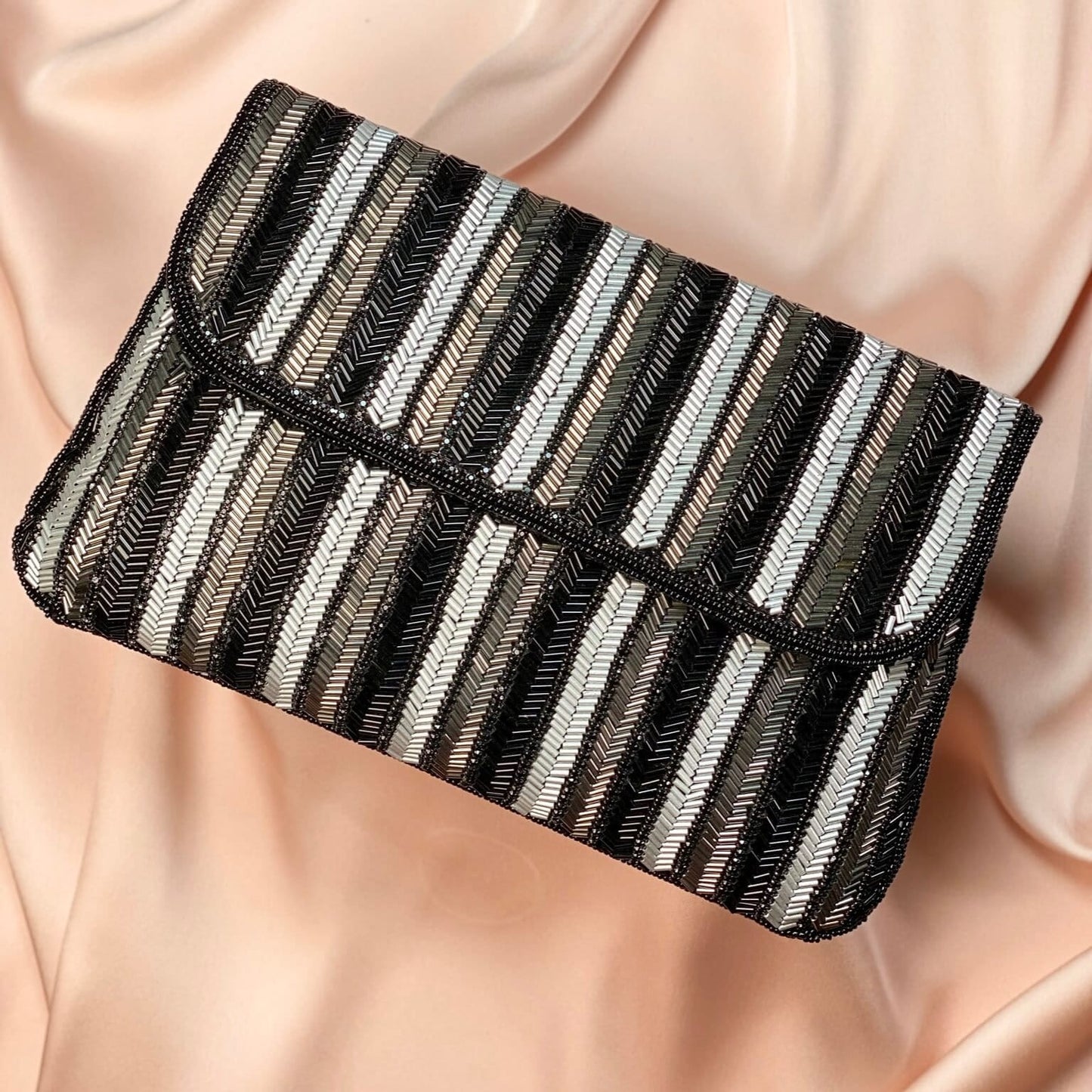 Isabella Handmade Black, Grey and Silver Clutch bag | Purse | Embellished Rectangle Bridal Handbag Made With Glass Beads By Sandal House