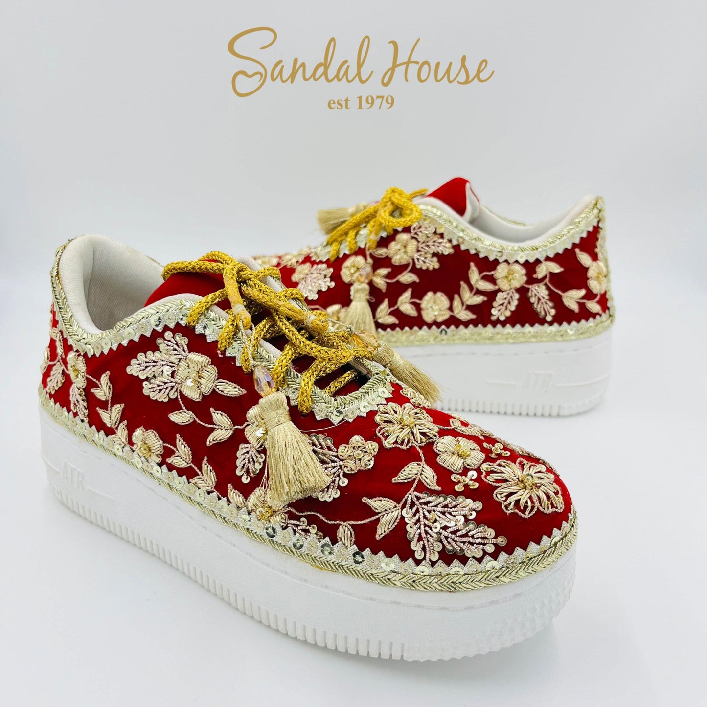 Handmade Bridal Trainers | Red Velvet Sneakers With Gold Embroidery | Wedding Footwear For Women | Party Shoes Gift For Her by Sandal House