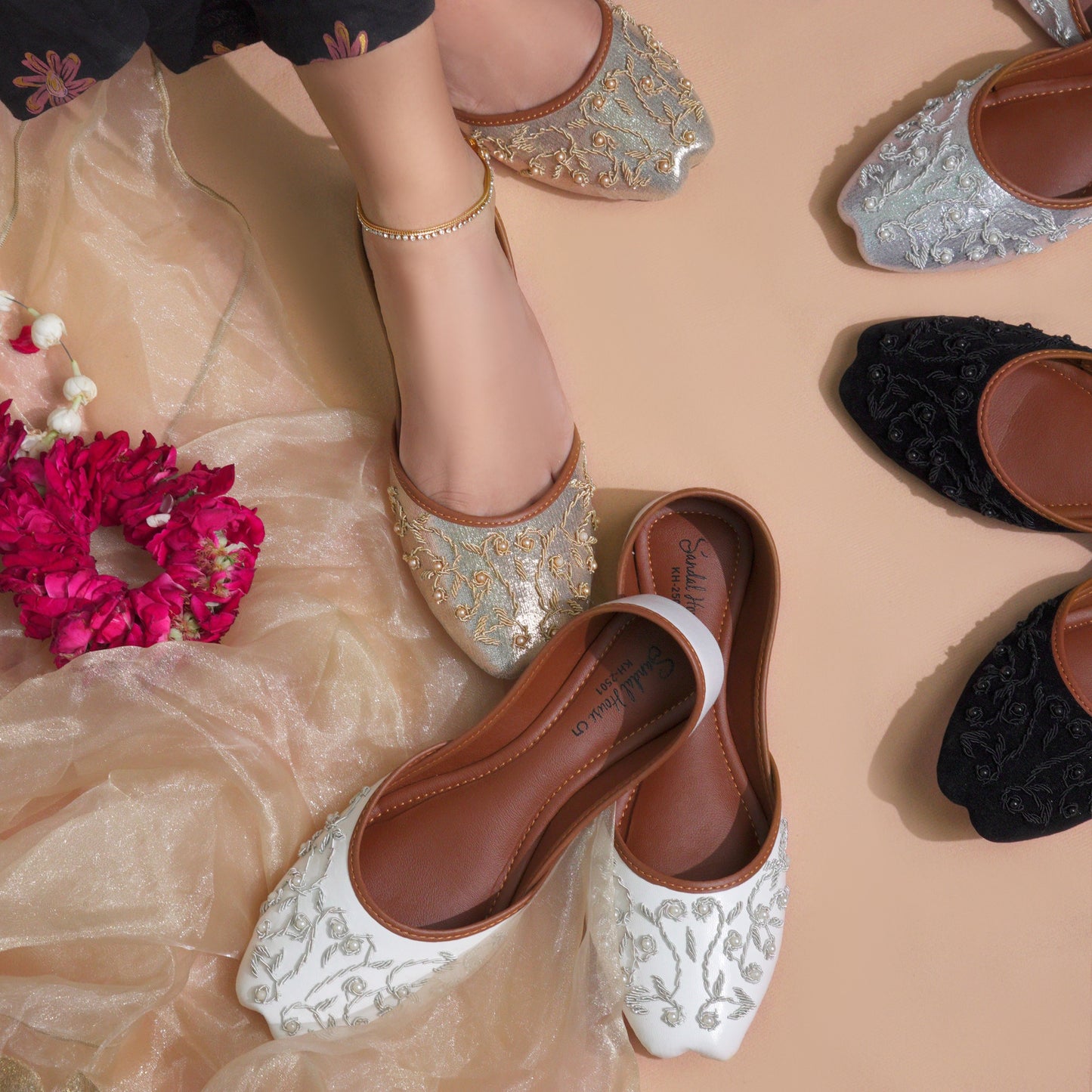 Mehr Handmade Ladies Pakistani Indian Khusa Sandal | Embroidery and Pearl Punjabi Jutti | Wedding shoes | Gift For Her | Gold Silver Black White | By Sandal House