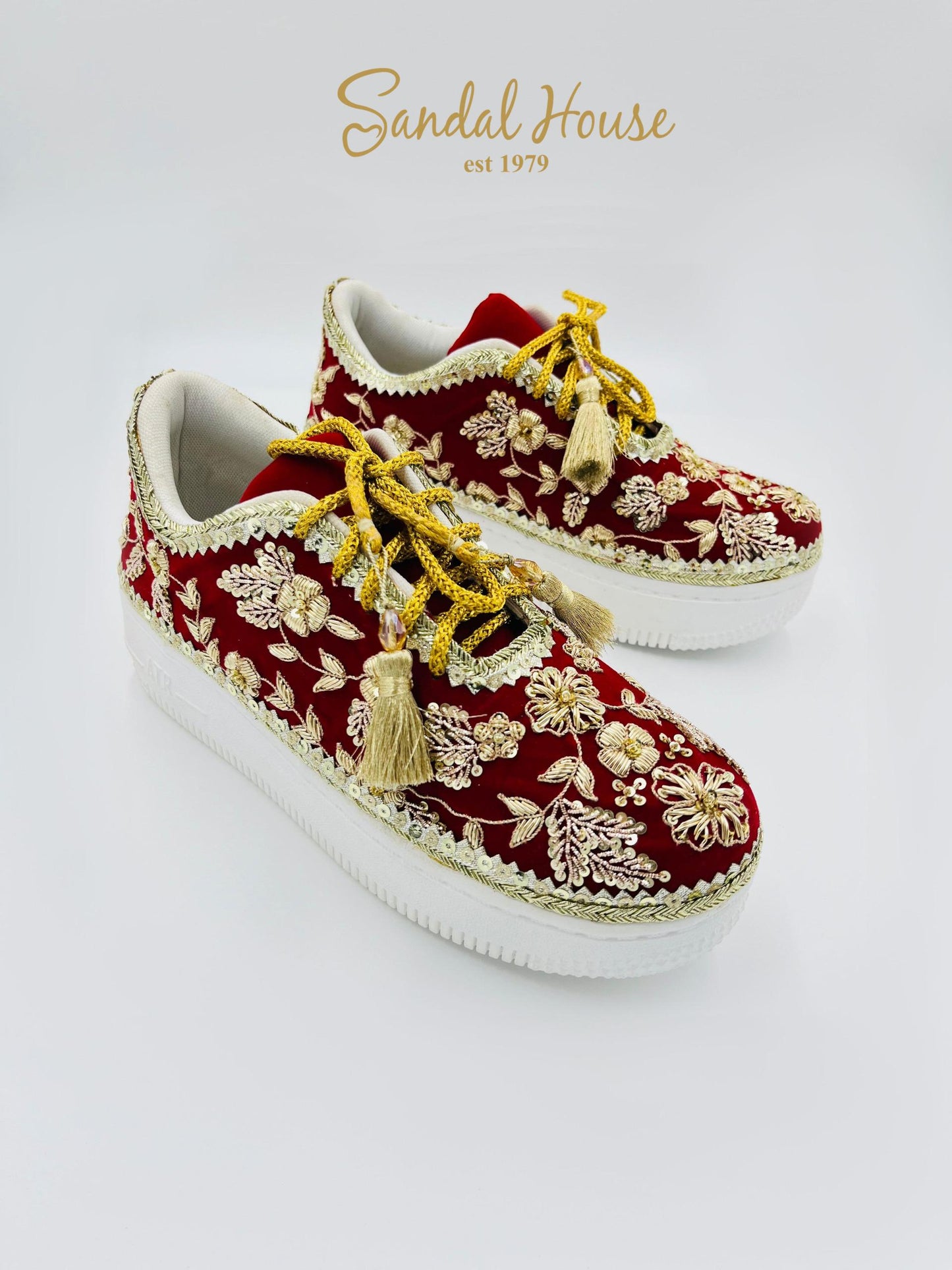 Handmade Bridal Trainers | Red Velvet Sneakers With Gold Embroidery | Wedding Footwear For Women | Party Shoes Gift For Her by Sandal House