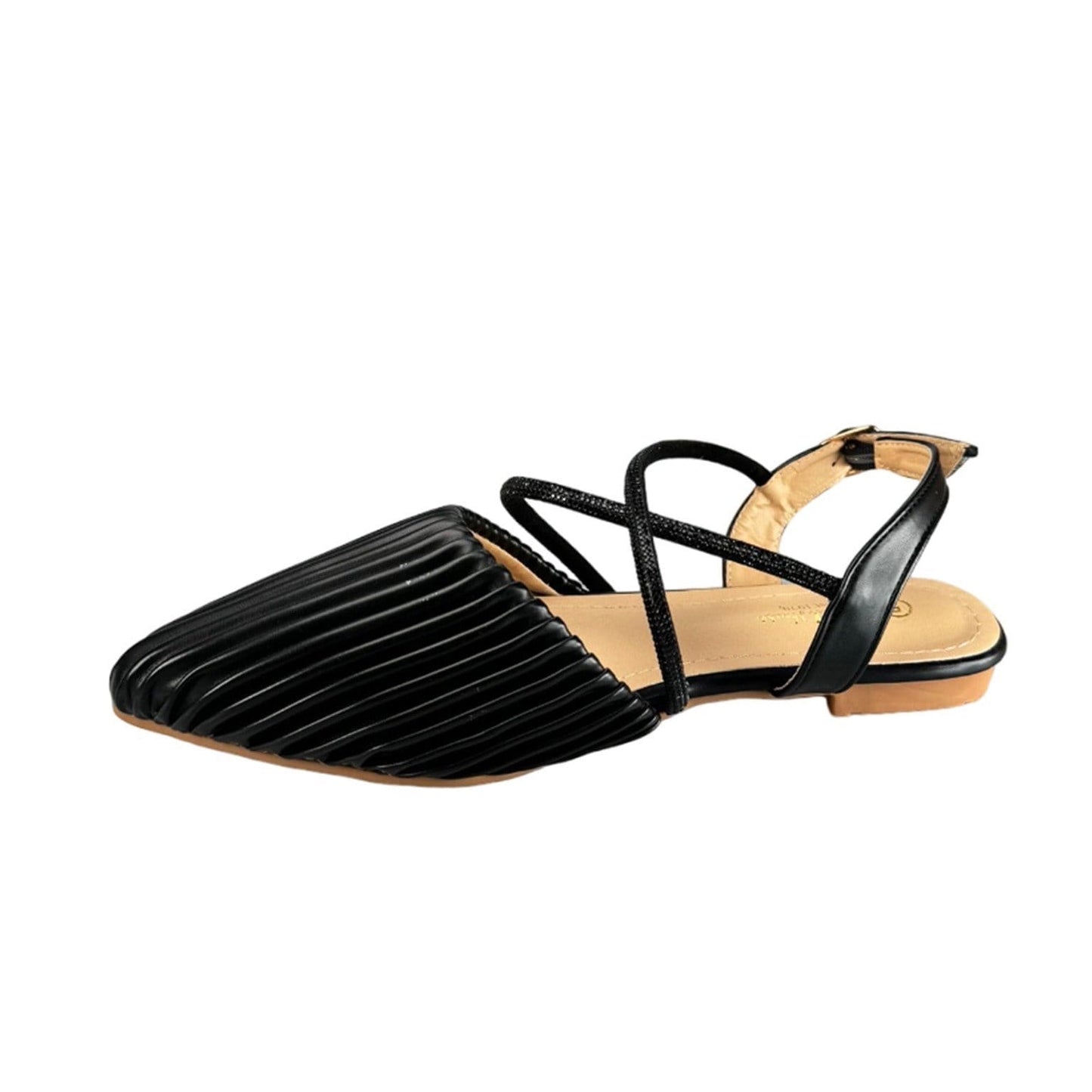 Ladies Flat Heel Pointy Shoes 3 strap Diamonte and Pearl Ankle Strap Sandals Elegant & Stylish Womens Comfort Footwear | Gold Silver Black