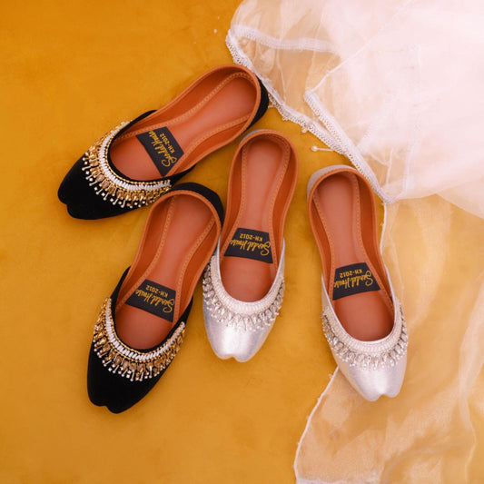 Handcrafted Ladies Pakistani Indian Khusa Sandal | Diamonte and Pearl Punjabi Jutti | Party shoes | Gift For Her | Gold Silver Black