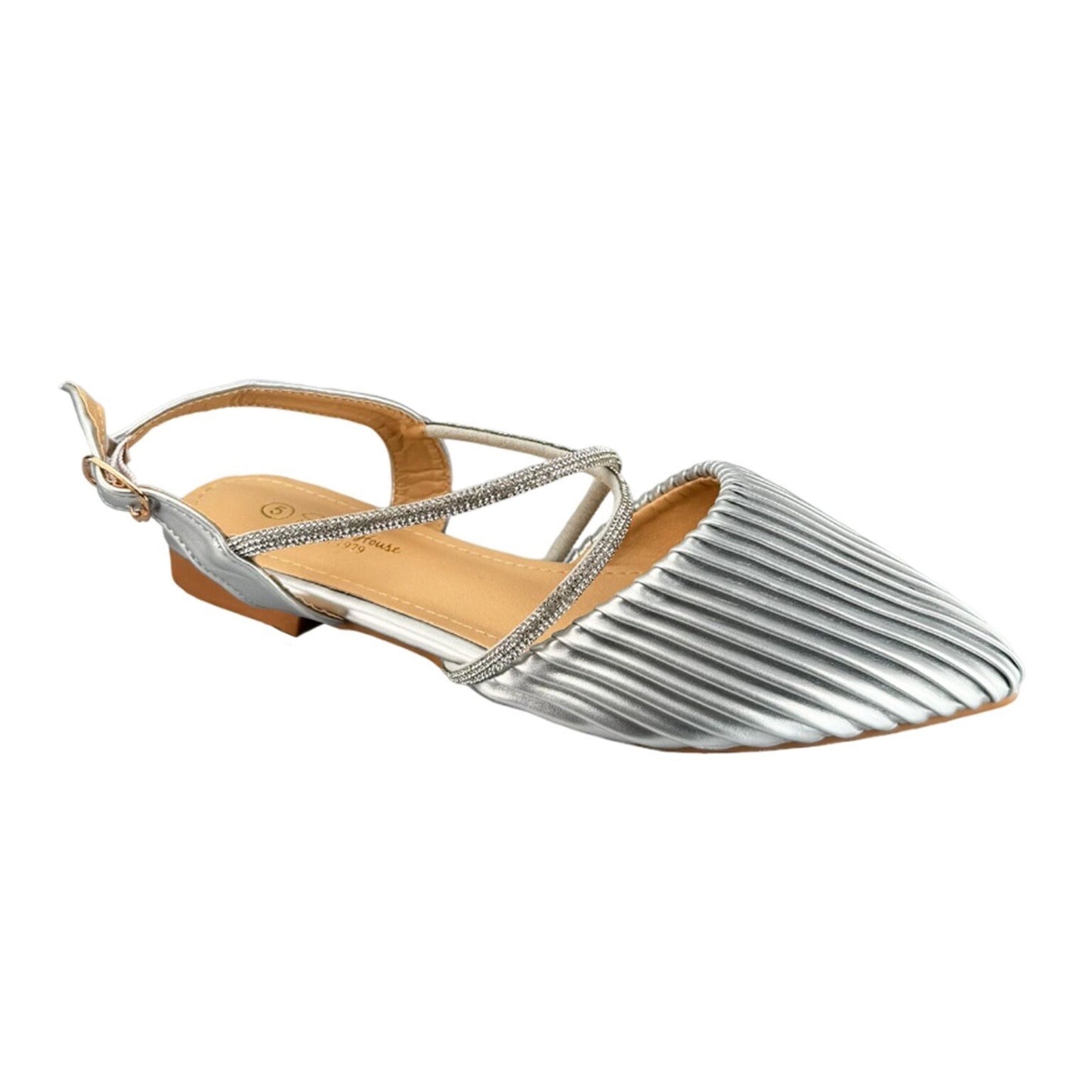 Ladies Flat Heel Pointy Shoes 3 strap Diamonte and Pearl Ankle Strap Sandals Elegant & Stylish Womens Comfort Footwear | Gold Silver Black