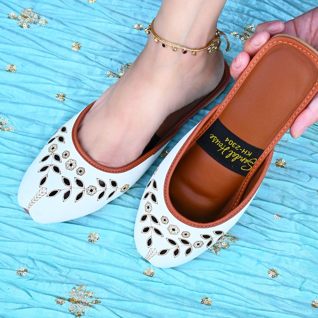 Laser Cut Open Back Soft Cushioned Leather Look Khussa Shoes | Punjabi Jutti | Ethnic Handmade Womens Sandals | Black White Pink Grey