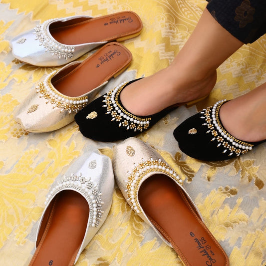 Handmade Ladies Pakistani Indian Open Back Khusa Sandal | Diamonte and Pearl Punjabi Jutti | Wedding shoes | Gift For Her Gold Silver Black