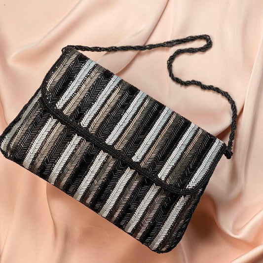 Isabella Handmade Black, Grey and Silver Clutch bag | Purse | Embellished Rectangle Bridal Handbag Made With Glass Beads By Sandal House
