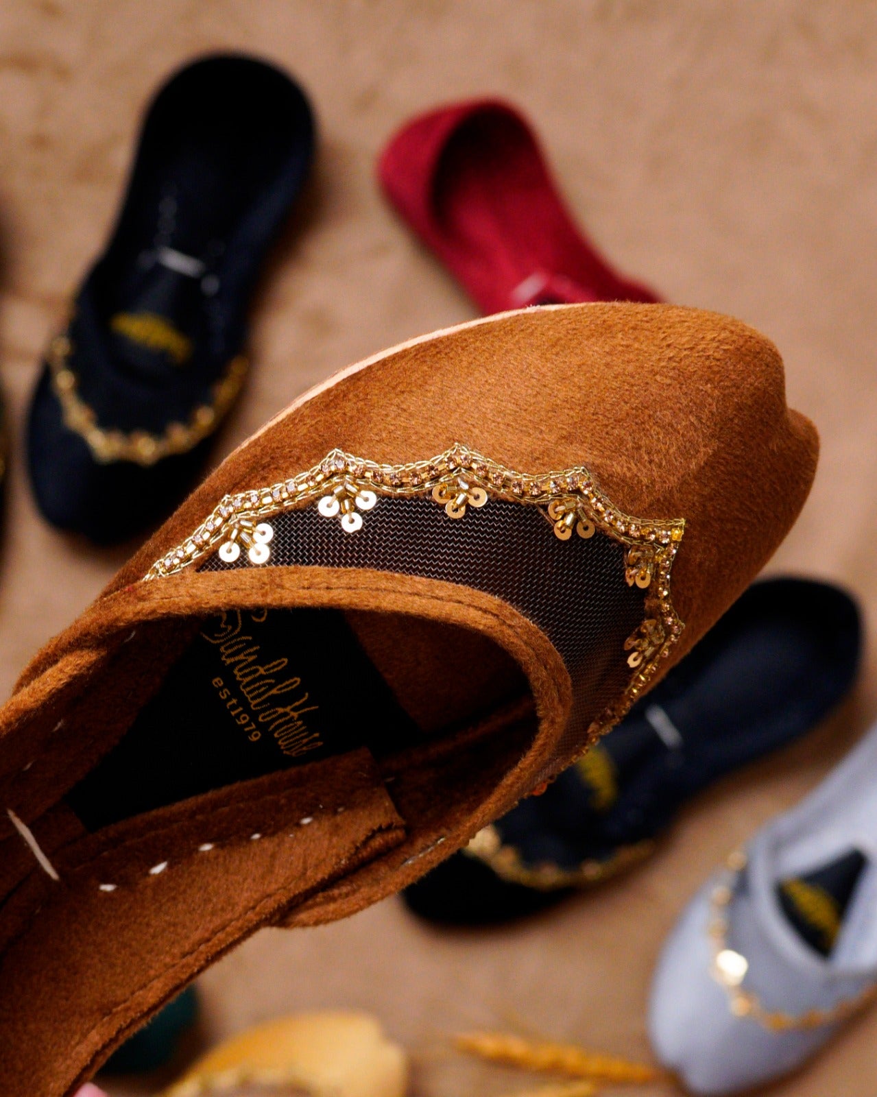 The Sultana Flat Velvet Handmade Khusa Sandal | Diamonte Punjabi Jutti | Wedding Shoes | Gift For Her | Gold Silver Green Maroon Black Brown
