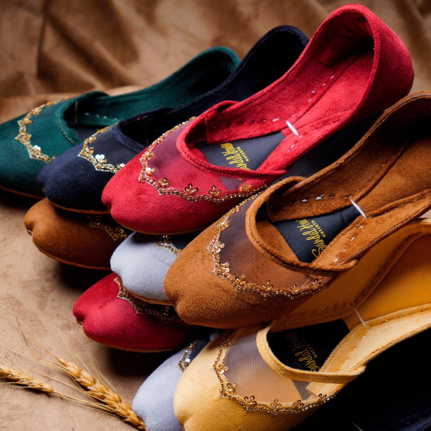 The Sultana Flat Velvet Handmade Khusa Sandal | Diamonte Punjabi Jutti | Wedding Shoes | Gift For Her | Gold Silver Green Maroon Black Brown