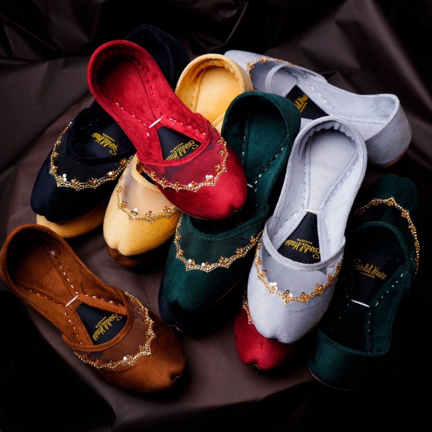 The Sultana Flat Velvet Handmade Khusa Sandal | Diamonte Punjabi Jutti | Wedding Shoes | Gift For Her | Gold Silver Green Maroon Black Brown