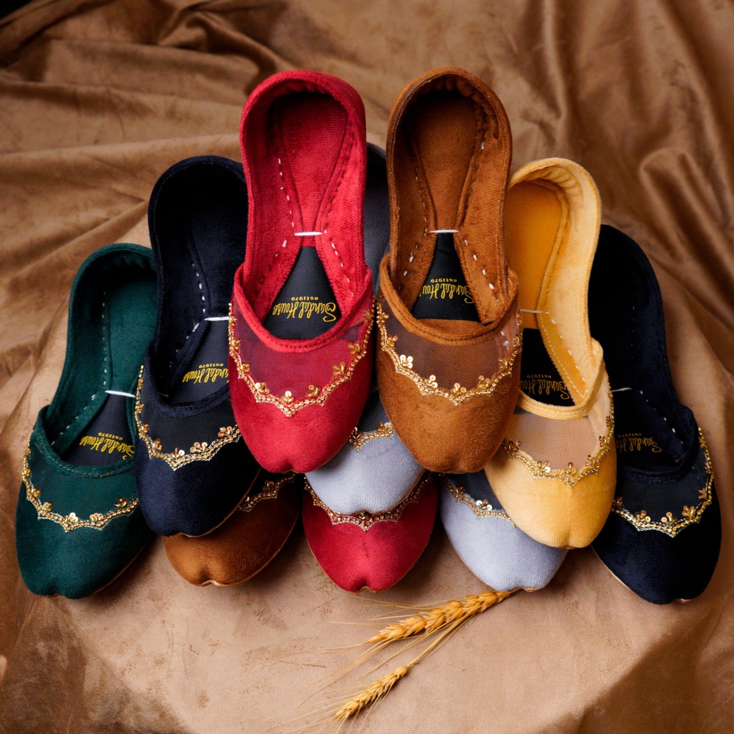 The Sultana Flat Velvet Handmade Khusa Sandal | Diamonte Punjabi Jutti | Wedding Shoes | Gift For Her | Gold Silver Green Maroon Black Brown
