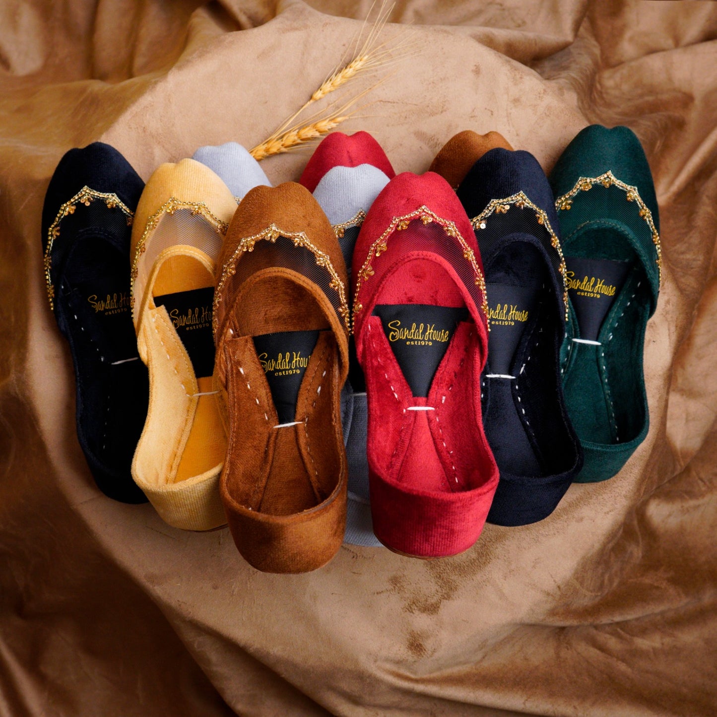 The Sultana Flat Velvet Handmade Khusa Sandal | Diamonte Punjabi Jutti | Wedding Shoes | Gift For Her | Gold Silver Green Maroon Black Brown