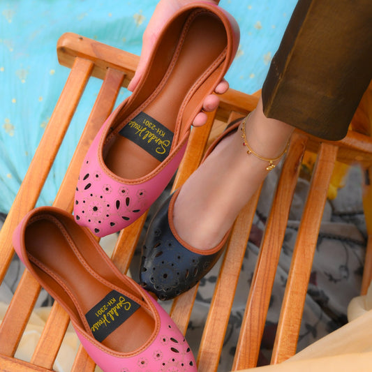 Laser Cut Soft Cushioned Leather Look Khusa Shoes | Punjabi Jutti | Ethnic Handmade Womens Sandals | Black White Pink Grey Yellow Mustard