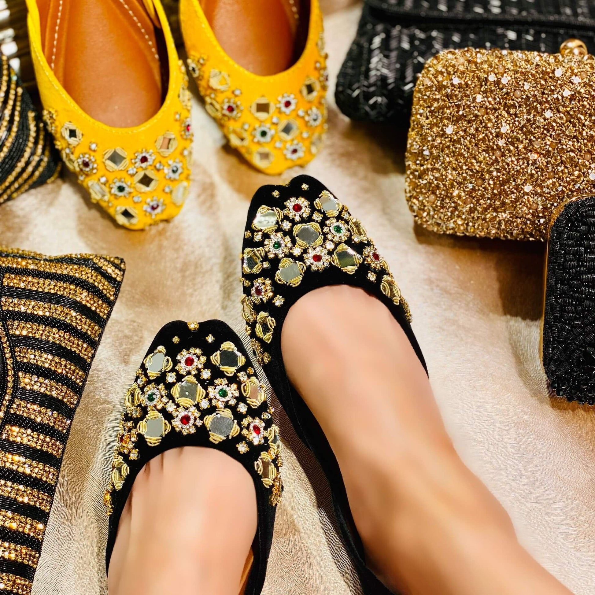 Ladies handmade Pakistani Indian Khusa Sandal Diamonte and Mirror Punjabi Jutti Womens wedding shoes Gift For Her Mehndi footwear Yellow