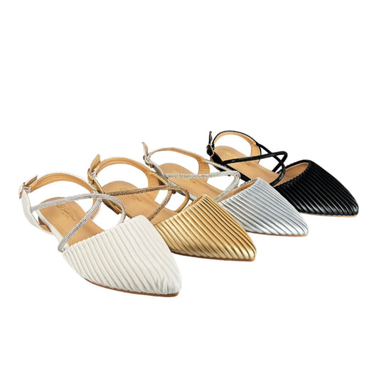 Ladies Flat Heel Pointy Shoes 3 strap Diamonte and Pearl Ankle Strap Sandals Elegant & Stylish Womens Comfort Footwear | Gold Silver Black