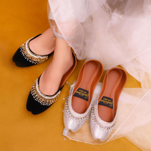 Handcrafted Ladies Pakistani Indian Khusa Sandal | Diamonte and Pearl Punjabi Jutti | Party shoes | Gift For Her | Gold Silver Black
