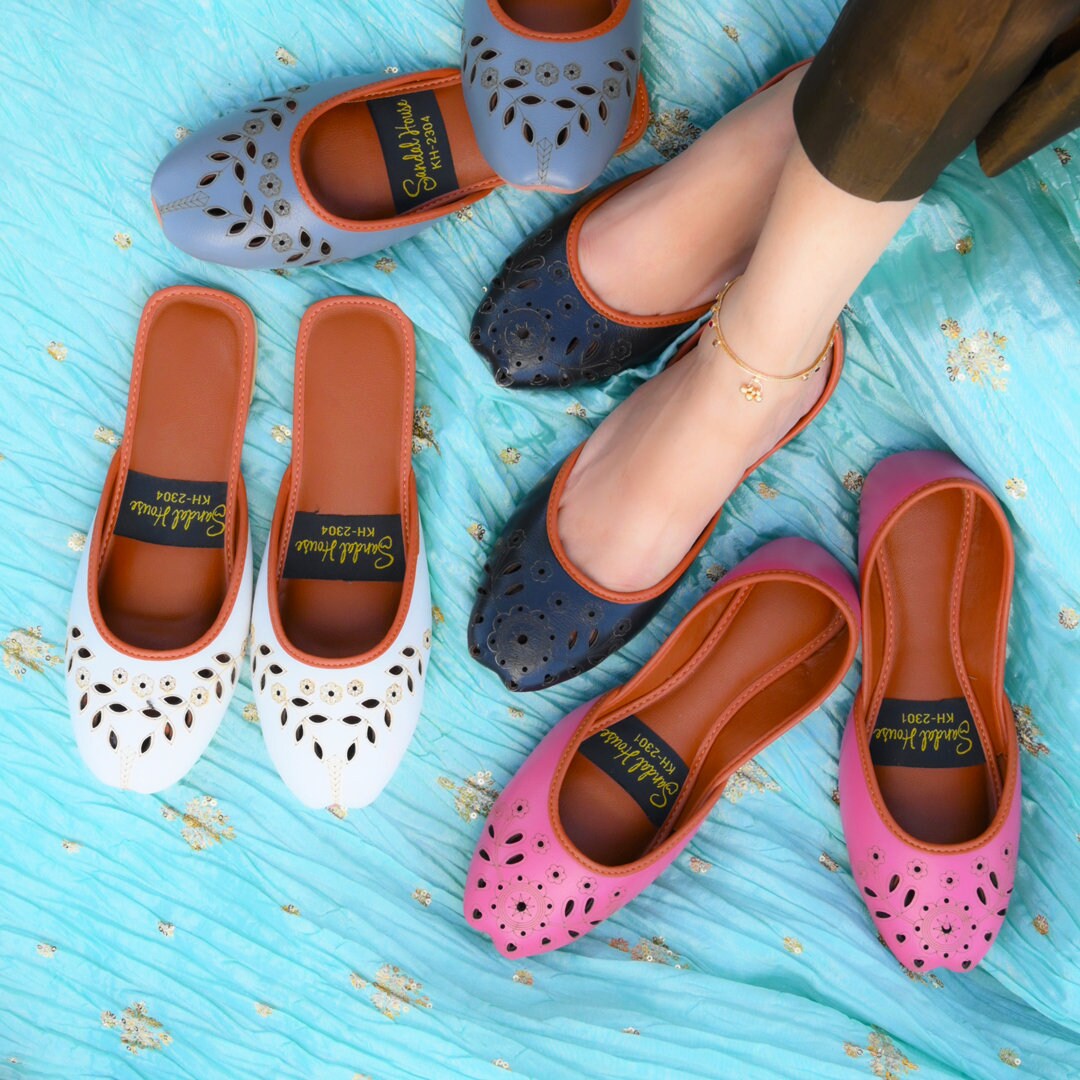 Laser Cut Open Back Soft Cushioned Leather Look Khussa Shoes | Punjabi Jutti | Ethnic Handmade Womens Sandals | Black White Pink Grey