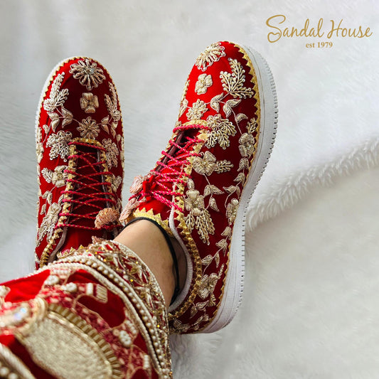 Handmade Bridal Trainers | Red Velvet Sneakers With Gold Embroidery | Wedding Footwear For Women | Party Shoes Gift For Her by Sandal House